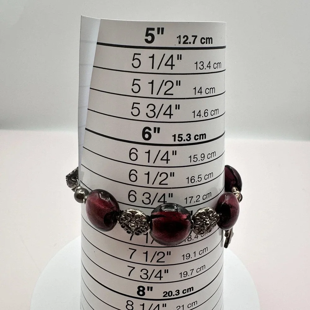 Vintage 90s Silver Tone Leaf Cross Charm Purple Foil‎ Glass Bead Toggle Bracelet